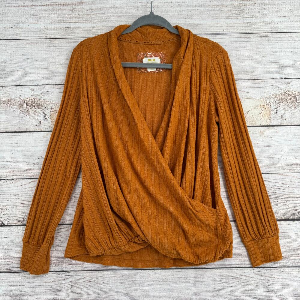 Maeve Anthropologie Faux Wrap Knit Blouse Womens Small Copper Brown